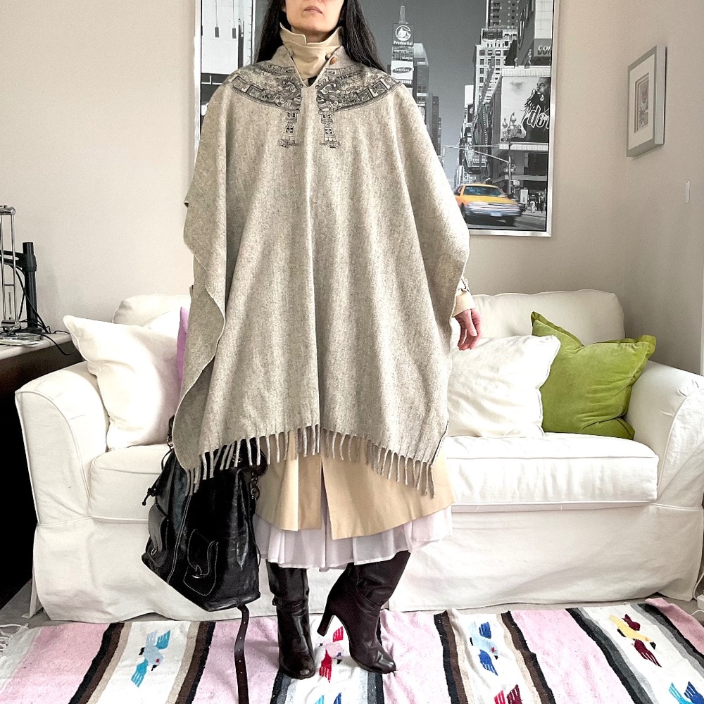Fringed hem poncho with Egyptian-look print around collar - Picture 2 of 13